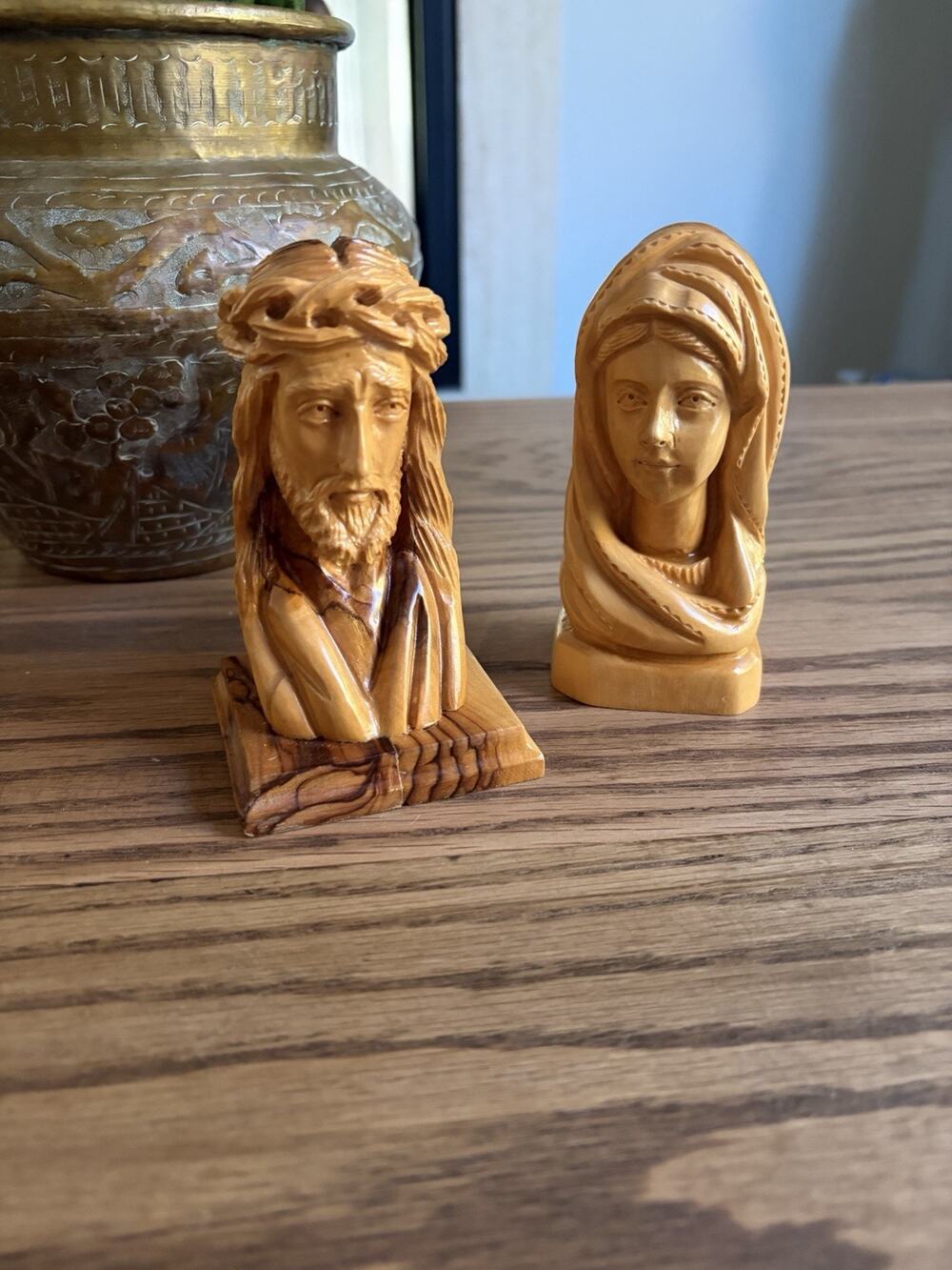 Vintage Jerusalem Olive Wood Jesus And Mary Hand Carved Statue Holy Land